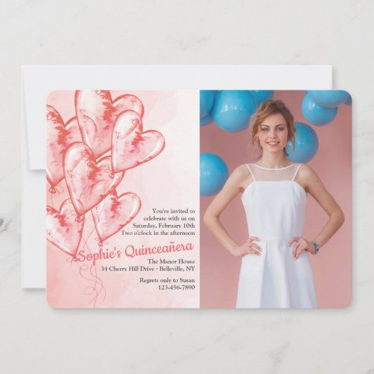ハートの気球Quinceañera 招待状 (正面)
