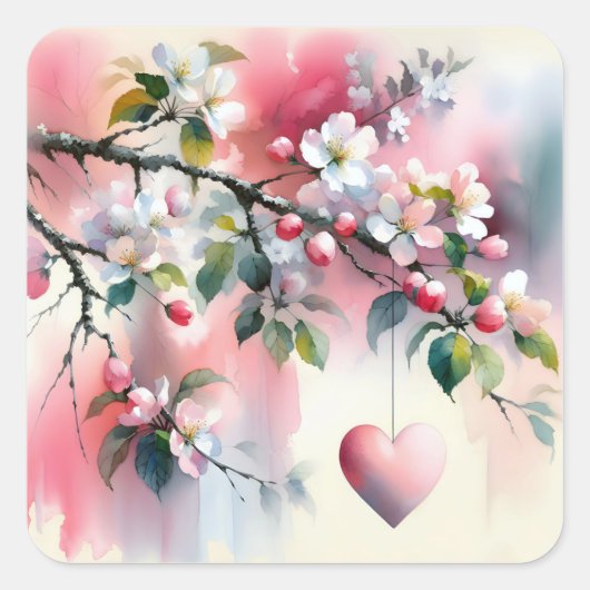 ハートの水彩り桜の木 スクエアシール (正面)