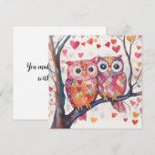 ハートの水彩パッチワークフクロウペア バレンタイン シーズンカード (正面/裏面)