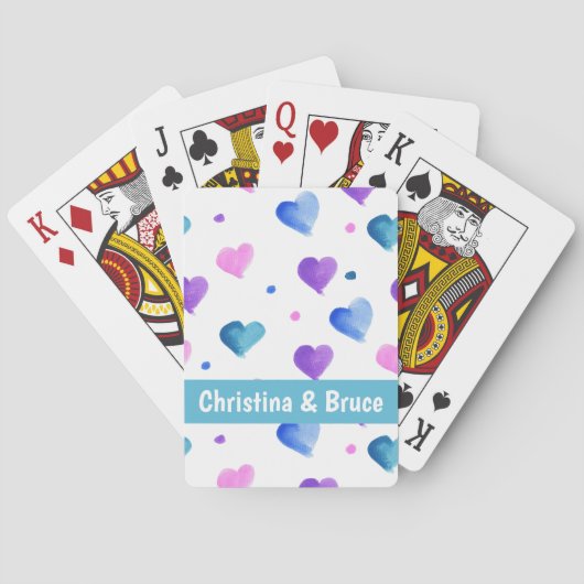 ハートの水彩パーソナライズされたピンクの青 トランプ (裏面)