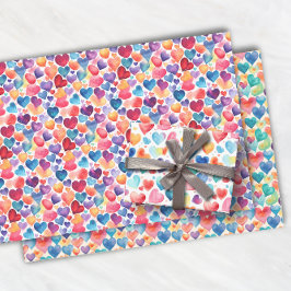 ハートの水色カラフルかわいい愛の甘いパターン ラッピングペーパーシート