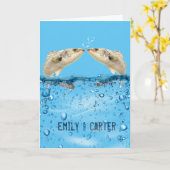 ハートの泡と一緒に水から飛び出す結婚魚 カード (黄色い花)