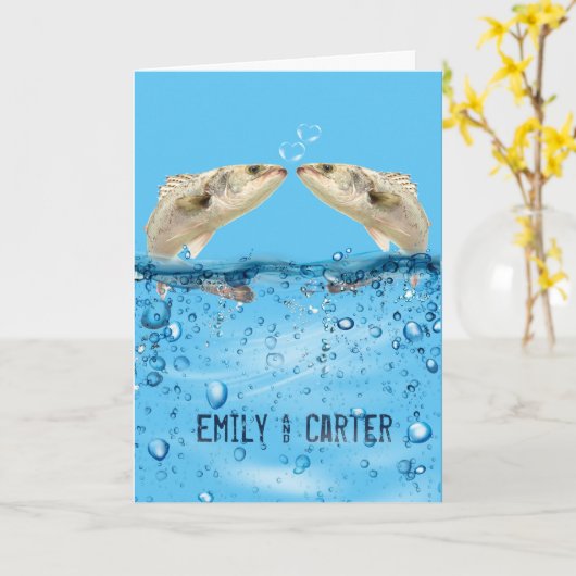 ハートの泡と水中の結婚魚 カード (黄色い花)