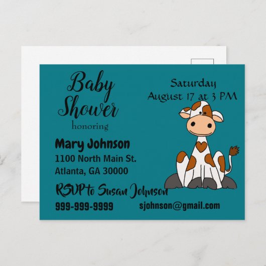 ハートの点のベビーシャワーを持つおもしろいな牛 インビテーションポストカード (正面/裏面)