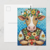 ハートの牛のフォークアートお誕生日おめでとう ポストカード (正面/裏面)