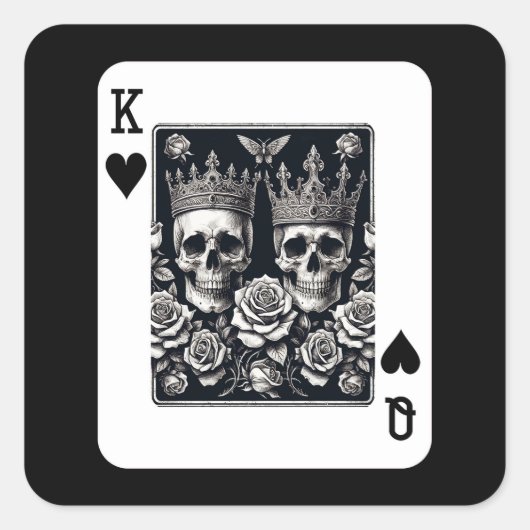 ハートの王と女王の骸骨とバラ スクエアシール (正面)