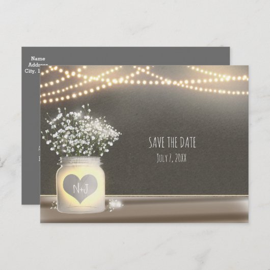 ハートの発光メイソンジャーとベイビーズブレスのウェディング 案内ポストカード (正面/裏面)