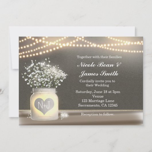ハートの発光メイソンジャーとベイビーズブレスの招待状 招待状 (正面)