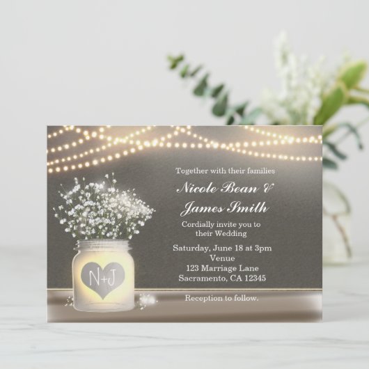 ハートの発光メイソンジャーとベイビーズブレスの招待状 招待状 (スタンド正面)