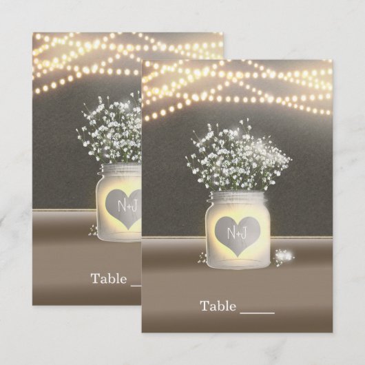 ハートの発光メイソンジャー & ベイビーズブレス テーブル 招待状 (正面/裏面)