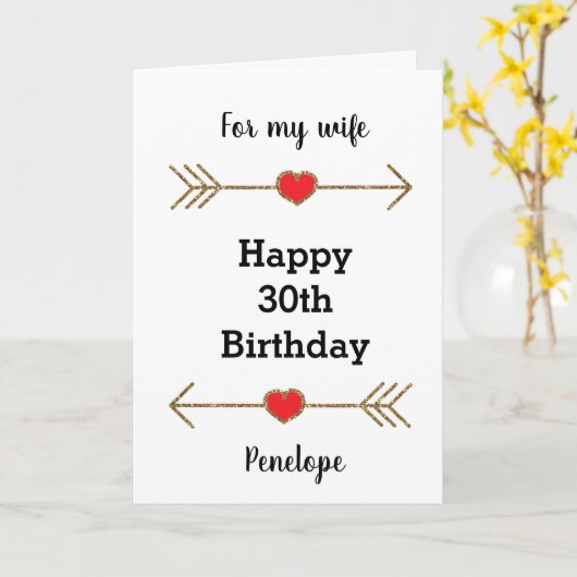 ハートの矢印が赤と金ゴールドの妻の誕生日 カード (黄色い花)