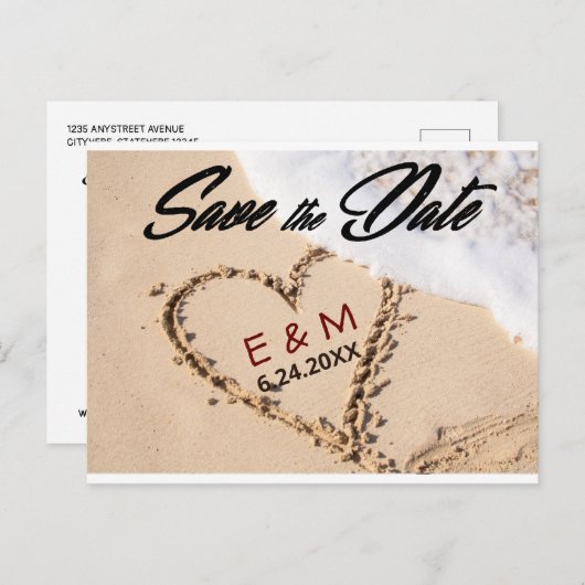 ハートの砂のビーチショア日付カードを保存 インビテーションポストカード (正面/裏面)