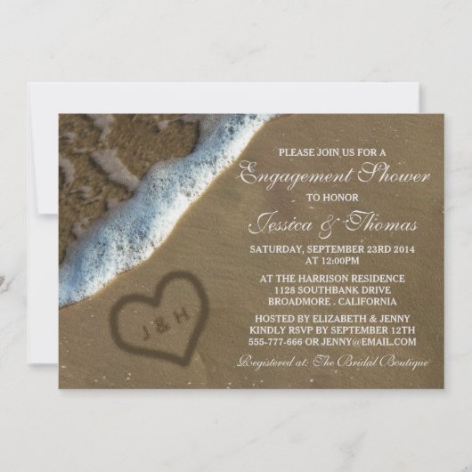 ハートの砂のビーチ婚約シャワー 招待状 (正面)