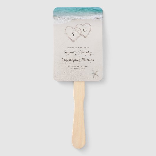 ハートの砂ビーチ結婚式プログラム ハンドファン (正面)