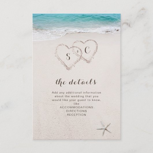 ハートの砂地ビーチ結婚式 エンクロージャーカード (正面)