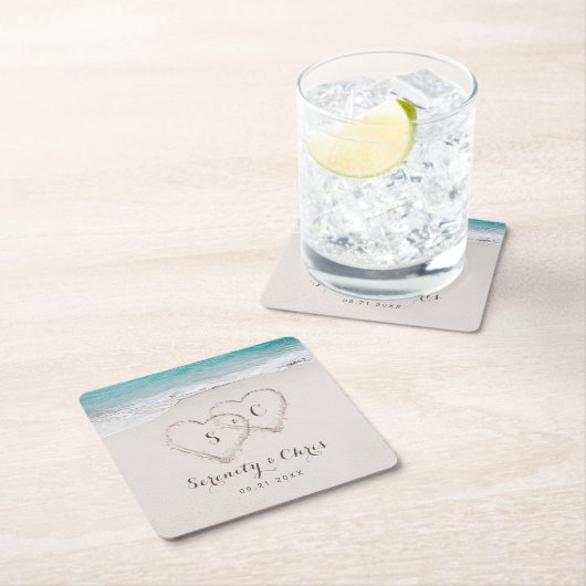 ハートの砂地ビーチ結婚式 スクエアペーパーコースター (インサイチュ)