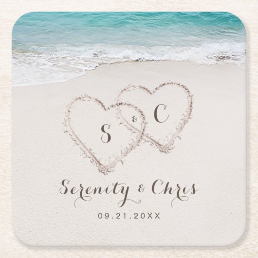 ハートの砂地ビーチ結婚式 スクエアペーパーコースター (正面)