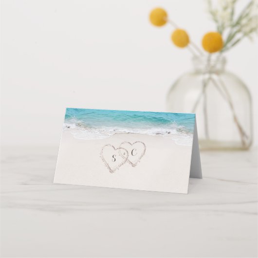 ハートの砂地ビーチ結婚式 プレイスカード (裏面)