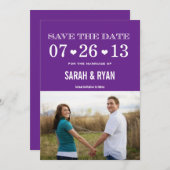 ハートの紫色の保存日付の写真の招待状 セーブザデート (正面/裏面)