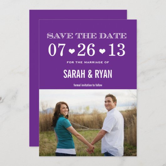 ハートの紫色の保存日付の写真の招待状 セーブザデート (正面/裏面)