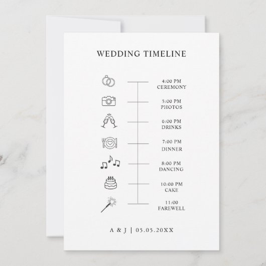 ハートの結婚ようこそ旅程アイコンのタイムラインカード 招待状 (裏面)