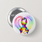 ハートの自閉症のリボン: 缶バッジ (正面&裏面)