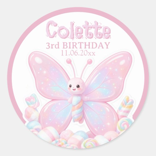 ハートの色はピンクの苺の誕生日蝶よ ラウンドシール (正面)