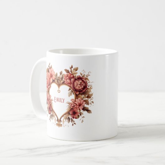 ハートの花のフレームバレンタインデーコーヒーマグ コーヒーマグカップ (正面左)