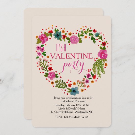 ハートの花のリースのバレンタインのパーティの招待状 招待状 (正面/裏面)