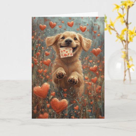 ハートの花の遊び心あるラブラドールレトリバー カード (黄色い花)