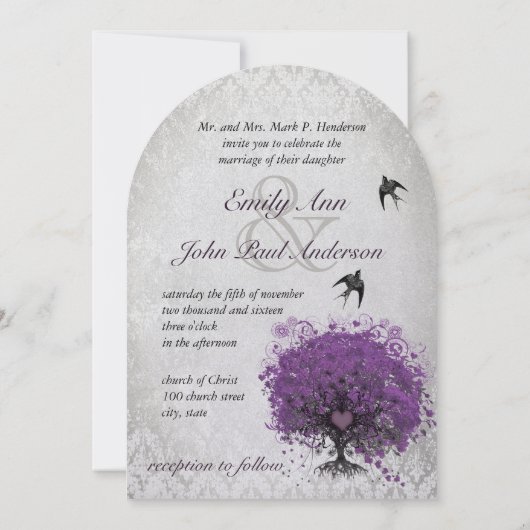 ハートの葉のナスの木のヴィンテージの結婚鳥 招待状 (裏面)