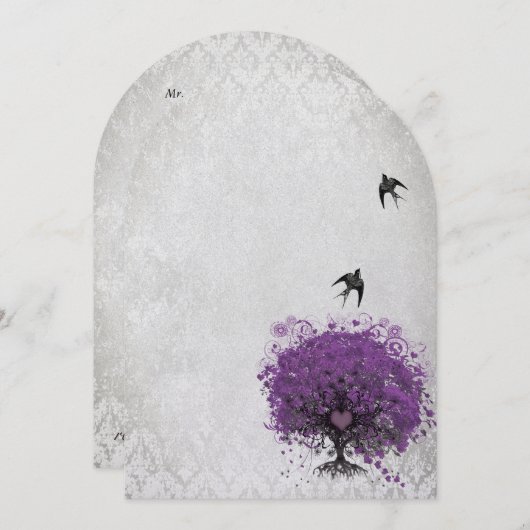 ハートの葉のナスの木のヴィンテージの結婚鳥 招待状 (正面/裏面)