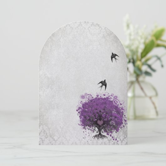 ハートの葉のナスの木のヴィンテージの結婚鳥 招待状 (スタンド正面)