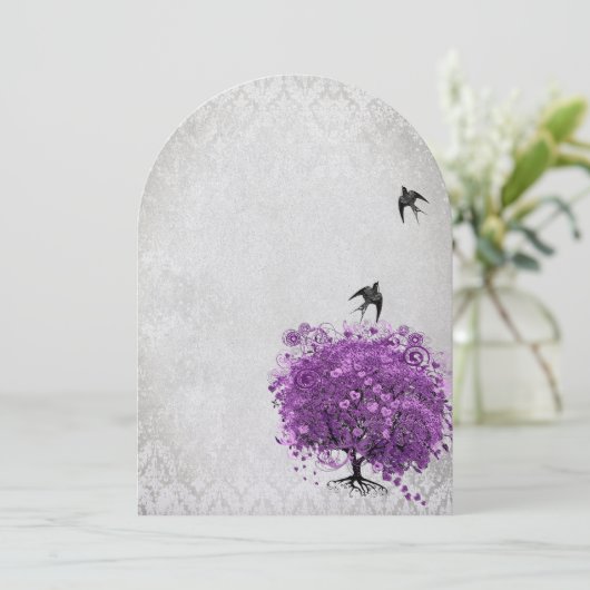 ハートの葉のナスの木のヴィンテージの結婚鳥 招待状 (スタンド正面)