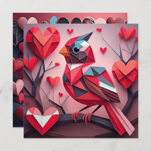 ハートの葉の木に座る折り紙のオスのノーザンカーディナル バレンタイン シーズンカード (正面/裏面)