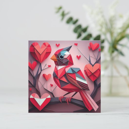 ハートの葉の木に座る折り紙のオスのノーザンカーディナル バレンタイン シーズンカード (スタンド正面)