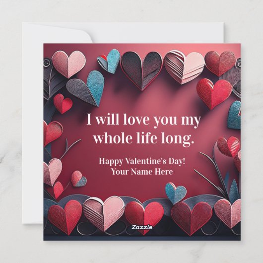 ハートの葉の木に座る折り紙のオスのノーザンカーディナル バレンタイン シーズンカード (裏面)