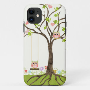 ハートの葉の渦巻お洒落でかわいいフクロウの生命の樹 iPhone 11 ケース
