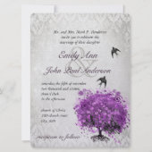 ハートの葉の紫の木と鳥のウェディング 招待状 (裏面)