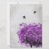 ハートの葉の紫の木と鳥のウェディング 招待状 (正面)