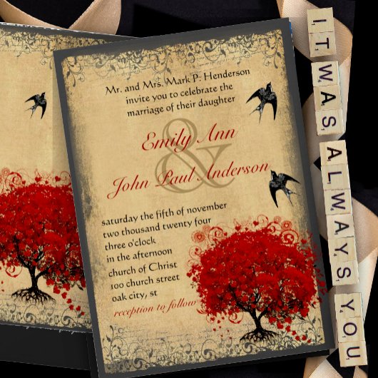 ハートの葉の赤い木のビンテージ鳥の結婚式の招待状 招待状