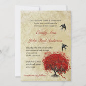 ハートの葉の赤い木のヴィンテージ鳥の結婚式の招待状 招待状 (裏面)