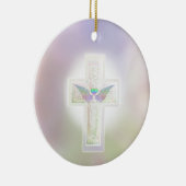 ハートの軽いパステル調の真珠の十字および天使は飛びます セラミックオーナメント (右)