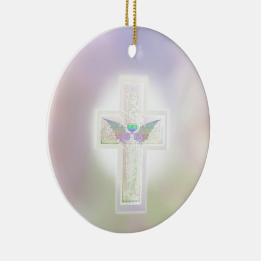 ハートの軽いパステル調の真珠の十字および天使は飛びます セラミックオーナメント (右)
