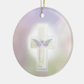 ハートの軽いパステル調の真珠の十字および天使は飛びます セラミックオーナメント (左)