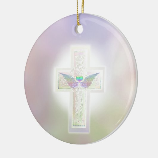 ハートの軽いパステル調の真珠の十字および天使は飛びます セラミックオーナメント (左)