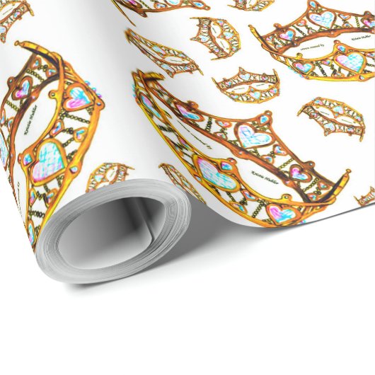 ハートの金ゴールドの王冠およびティアラのギフト用包装紙の女王 ラッピングペーパー (ロールコーナー)