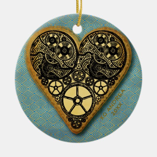 ハートの金ゴールドギアスチームパンクヴィンテージ セラミックオーナメント (正面)