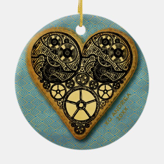 ハートの金ゴールドギアスチームパンクヴィンテージ セラミックオーナメント (裏面)