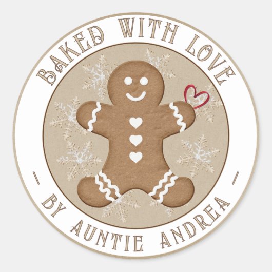 ハートの雪の結晶とホリデーシーズンのジンジャーブレッドマン ラウンドシール (正面)